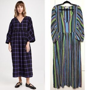 MARA HOFFMAN Colorful‎ Stripe Crinkled Hemp V-Neck Oversized Kaftan Maxi Dress S